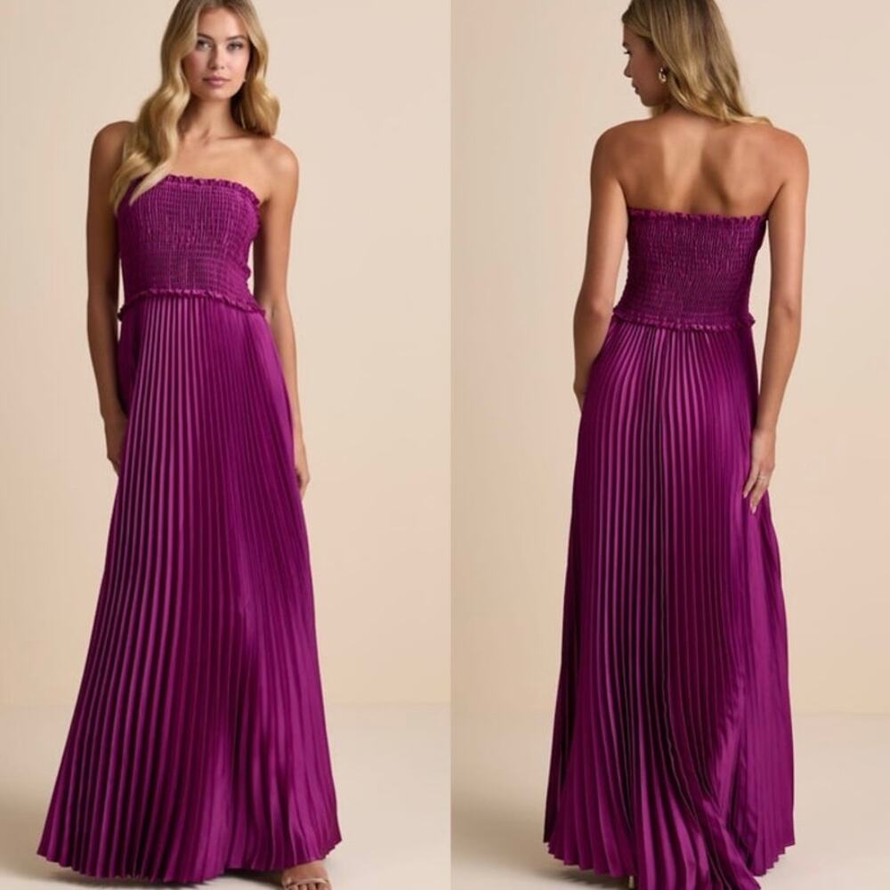 Lulus Damira Magenta Satin Pleated Strapless Maxi Dress